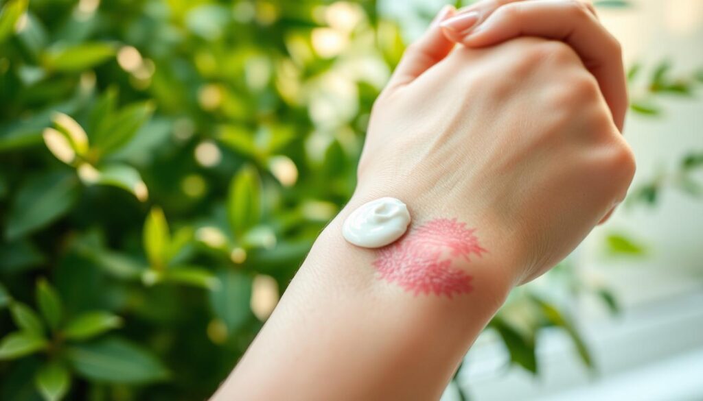 A close-up of a human hand gently applying a soothing cream or ointment to the discolored, inflamed skin on the arm, with a background showing lush, calming greenery and a soft, diffused natural light. The skin appears reddened and irritated, but the application of the restorative product is intended to reduce the visible discoloration and promote healing. The composition emphasizes the delicate care and attention required to properly manage eczema-related skin issues, conveying a sense of tranquility and relief. A close-up of a human hand gently applying a soothing cream or ointment to the discolored, inflamed skin on the arm, with a background showing lush, calming greenery and a soft, diffused natural light. The skin appears reddened and irritated, but the application of the restorative product is intended to reduce the visible discoloration and promote healing. The composition emphasizes the delicate care and attention required to properly manage eczema-related skin issues, conveying a sense of tranquility and relief.