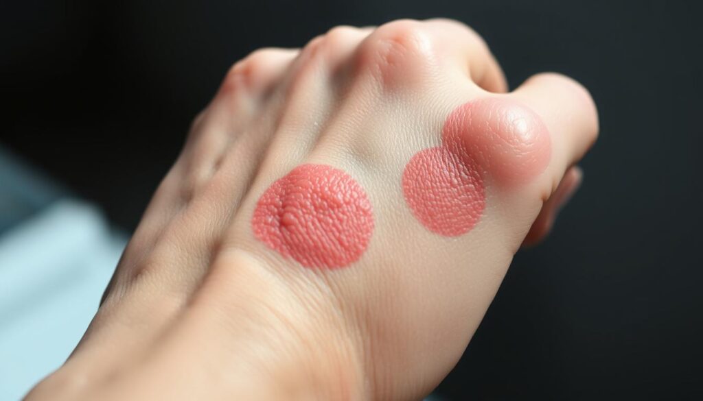 A close-up of a human hand with visible reddish, inflamed patches of skin, showing the typical symptoms of contact dermatitis. The skin appears irritated, with some areas slightly swollen and rough in texture. The lighting is soft and diffused, creating shadows that highlight the affected areas. The background is blurred, directing the viewer's attention to the hand and the dermatological condition. The overall mood is one of clinical focus, allowing the viewer to clearly observe and understand the visual characteristics of contact dermatitis.