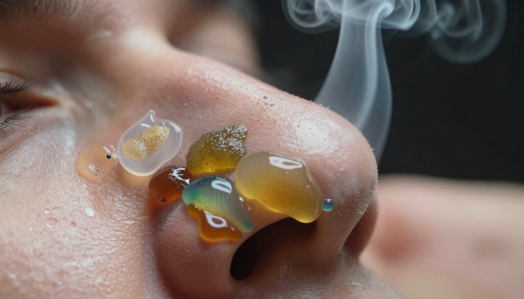 A close-up of a human nasal cavity, showcasing varying mucus colors influenced by smoking. The foreground features distinct mucus samples in shades like dark yellow, green, and brown, each representing different smoking effects. In the middle ground, transparent overlays illustrate the potential effects of smoke particles on mucus texture. The background depicts a blurred image of cigarette smoke wafting upward, creating a smoky atmosphere. Soft, diffused lighting highlights the mucus samples, creating a clinical and educational ambiance. The overall mood is instructional and scientific, aiming to inform viewers about the impact of smoking on nasal health. The image should be detailed and visually engaging, with no text or distractions.