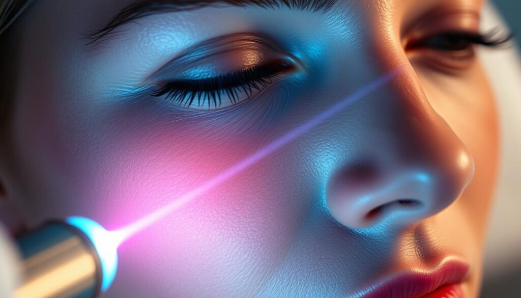 A close-up of a woman's face, the skin illuminated by soft, diffuse lighting that highlights the intricate patterns of pigmentation on her cheeks and forehead. The texture of her skin is clearly visible, with subtle irregularities and blemishes. In the foreground, a beam of laser light gently scans across the skin, its intensity and precision conveying the delicate nature of the pigmentation removal treatment. The background is blurred, drawing the viewer's focus to the intricate details of the skin and the laser's precise targeting. The overall mood is one of clinical but compassionate care, the image conveying the technological sophistication and personalized nature of the pigmentation removal laser treatment.