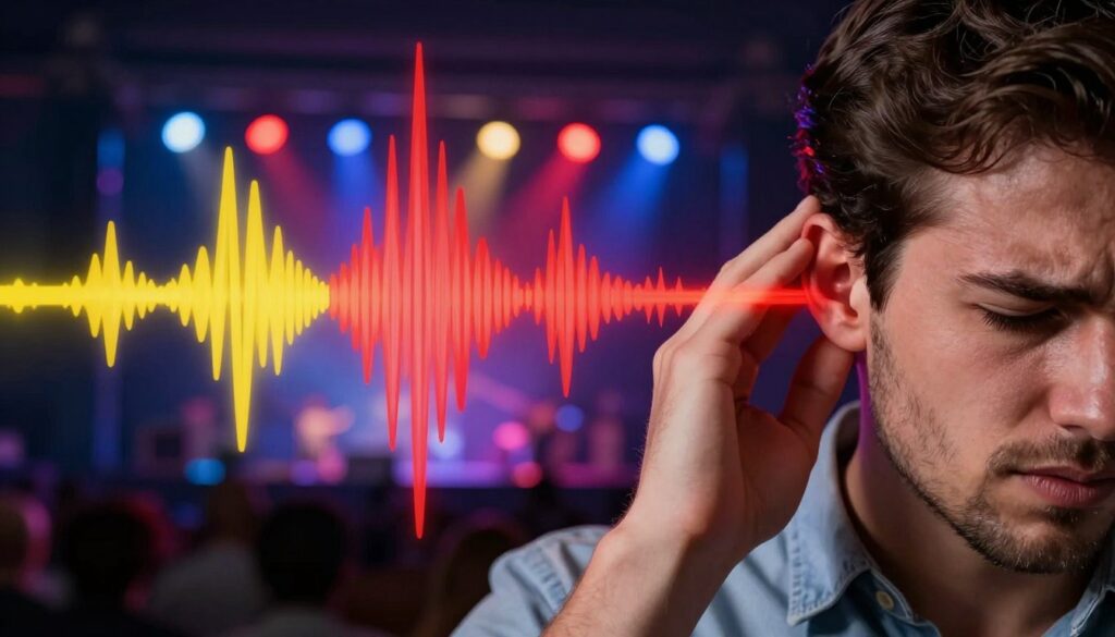 A close-up of an ear with sound waves visually represented as vibrant lines and shapes emanating from loudspeakers, creating a vivid sense of auditory intensity. In the foreground, a young professional man in modest, casual attire is holding his ear with a look of discomfort, illustrating the sensation of a popping noise. The middle layer shows abstract sound waves visually disrupting the serenity of the scene, colored in bright yellows and reds to indicate loudness and discomfort. The background features a blurred image of a concert setting with colorful lights and a faint crowd, enhancing the feeling of overwhelming noise exposure. The lighting is dramatic, highlighting the ear and sound waves while leaving the background slightly dark, creating a tense atmosphere that reflects the effects of excessive volume on hearing.