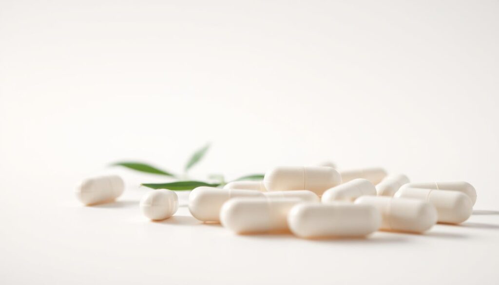A close-up of several salicylic acid capsules and tablets against a clean, white background. The lighting is soft and diffused, creating a warm, clinical atmosphere. The foreground features the medication in sharp focus, with a shallow depth of field to emphasize the key subject. The middle ground includes a few leaves or plant matter to suggest the natural origins of salicylic acid, while the background remains minimalist and uncluttered to maintain visual clarity. The overall composition conveys the skin care benefits of this active ingredient in a straightforward, informative manner.