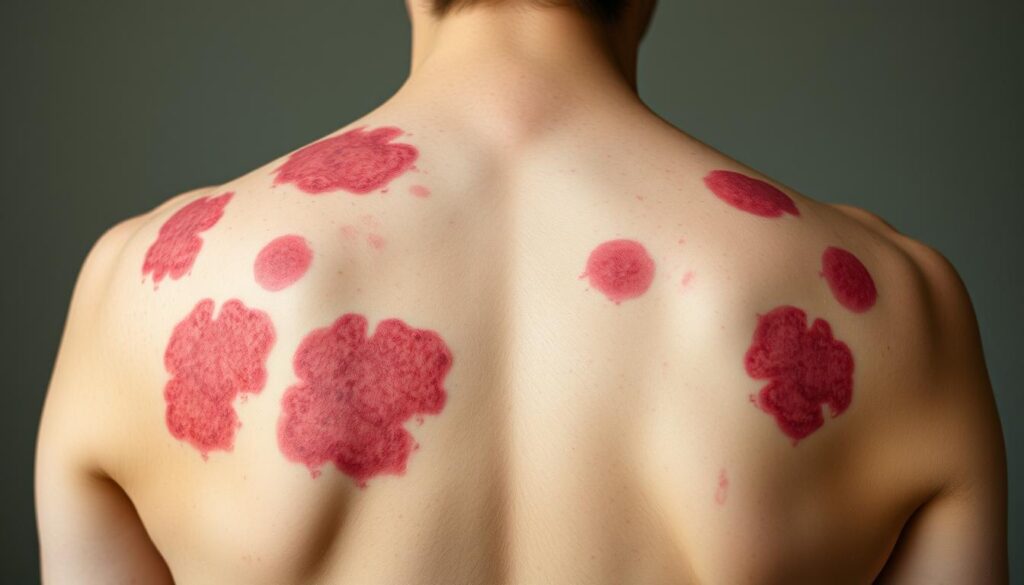 A close-up photograph of the characteristic skin lesions of subacute cutaneous lupus erythematosus (SCLE), depicting raised, erythematous, and scaly patches across the shoulders, upper back, and arms. The lighting is soft, diffused, and emphasizes the texture and color variations of the dermatological manifestations. The focus is sharp, with a shallow depth of field to draw the viewer's attention to the intricate details of the skin. The background is blurred, muted, and neutral, allowing the skin lesions to be the central focus of the image. The overall mood is clinical yet informative, showcasing the distinct features of this subtype of cutaneous lupus to aid in understanding its visual presentation.