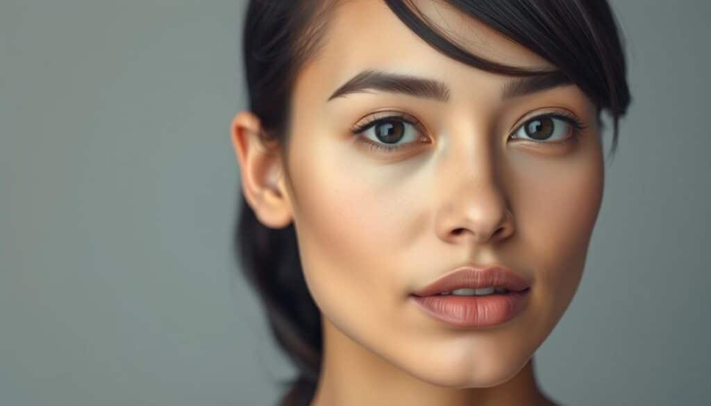 A close-up portrait of a person's face, showcasing their skin tone and hair color in an analytical, scientific manner. The subject's features are lit with soft, even lighting, captured from a frontal angle using a high-resolution camera lens. The background is a neutral, muted tone that allows the subject to stand out. The overall mood is clinical and objective, with a focus on highlighting the subject's unique combination of skin and hair characteristics. The image should provide a clear visual reference for the "Tailored Solutions Based on Skin and Hair Types" section of the article.