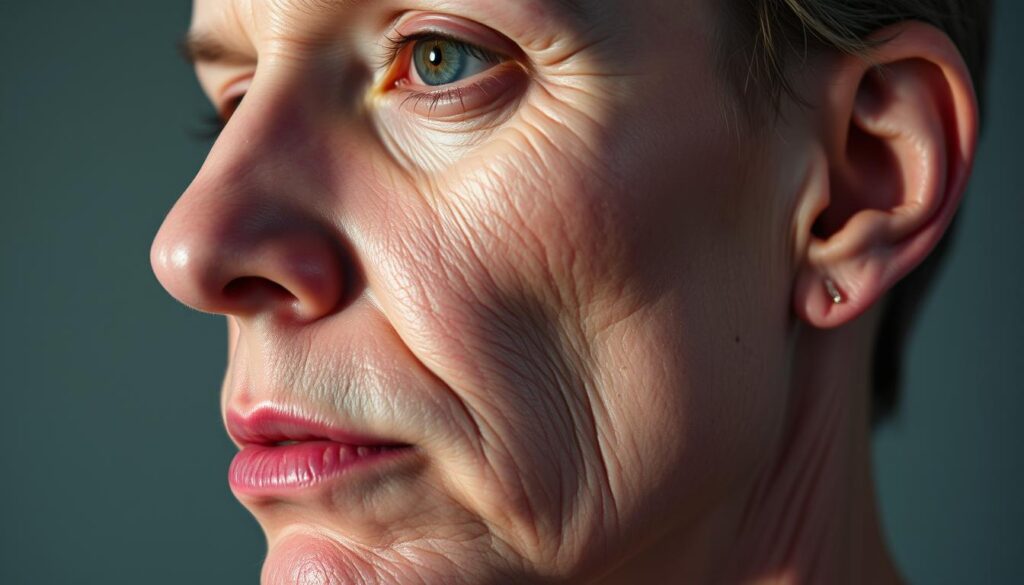 A close-up portrait of a person's face, showing the distinct linear patterns and thickened, indurated skin characteristic of linear scleroderma. The skin appears shiny, taut, and slightly discolored, with a slightly reddish or purplish hue. The face is lit from the side, creating dramatic shadows that highlight the textural changes. The background is blurred and neutral, keeping the focus on the facial features. The overall mood is clinical but with a touch of poignancy, conveying the impact of this rare skin condition on the individual's appearance.
