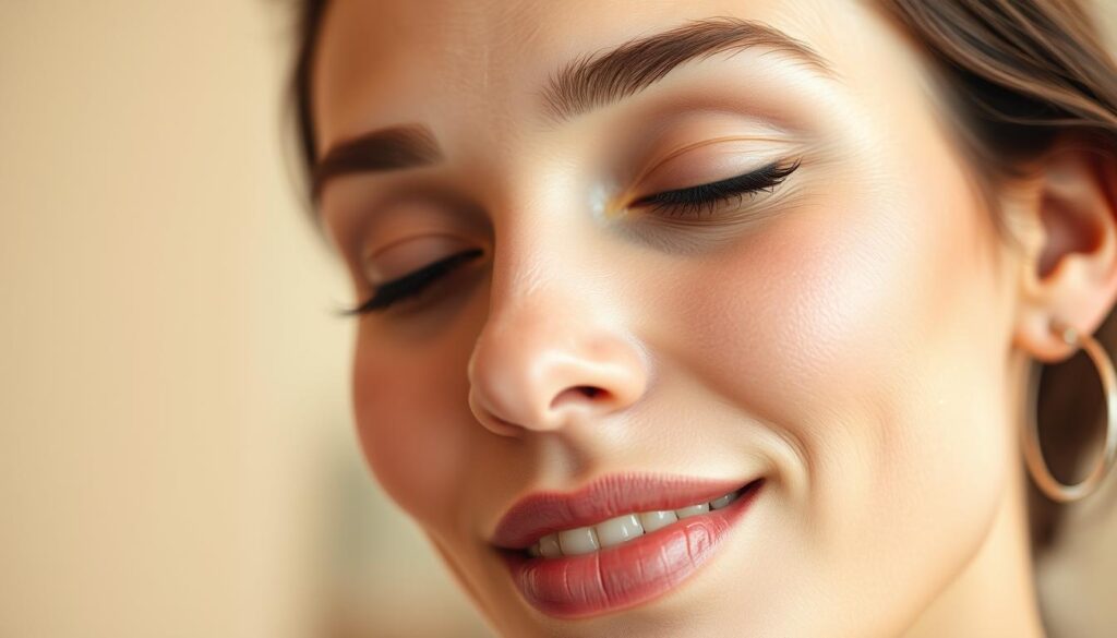 A close-up portrait of a woman's face with a serene, glowing expression, illuminated by soft, warm lighting. Her skin appears smooth and radiant, highlighting the benefits of a recent facial waxing procedure. The image emphasizes the refined, rejuvenated look and the confidence it can bring, conveying a sense of relaxation and self-care. The background is subtly blurred, keeping the focus on the subject's face and the transformative effects of the treatment.