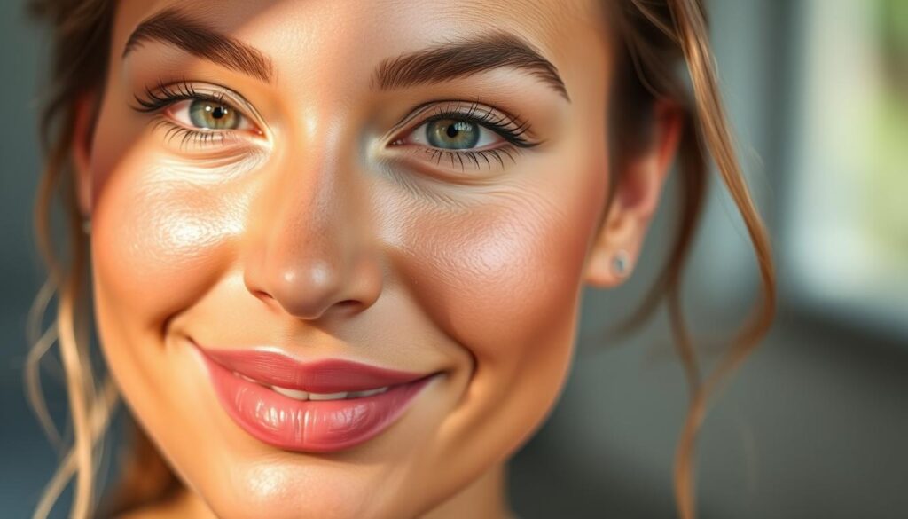 A close-up portrait of a youthful, radiant woman's face, illuminated by a soft, natural light. Her skin is glowing with a healthy, luminous sheen, and her features are accentuated by a natural, dewy makeup look. The background is blurred, creating a sense of focus on the subject's captivating complexion. The image captures the transformative power of the JLo Skin Care Kit, showcasing the vibrant, rejuvenated skin it can help achieve. A close-up portrait of a youthful, radiant woman's face, illuminated by a soft, natural light. Her skin is glowing with a healthy, luminous sheen, and her features are accentuated by a natural, dewy makeup look. The background is blurred, creating a sense of focus on the subject's captivating complexion. The image captures the transformative power of the JLo Skin Care Kit, showcasing the vibrant, rejuvenated skin it can help achieve.