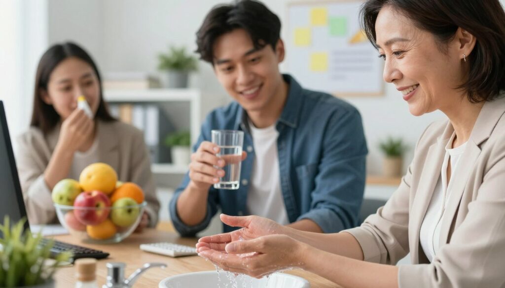 A close-up scene focuses on a diverse group of four individuals in a bright, well-lit office environment, discussing healthy habits to prevent yellow nasal discharge. In the foreground, a middle-aged woman, dressed in professional attire, is demonstrating proper handwashing techniques while smiling and engaging with her colleagues. In the middle ground, a young man in smart casual clothing is holding a glass of water, emphasizing hydration, while another colleague, a woman of Asian descent, displays a bowl of fresh fruits. In the background, a clean, organized workspace adorned with plants and motivational posters creates a vibrant atmosphere. The soft lighting highlights their positive expressions and the sense of teamwork, conveying a proactive mood aimed at promoting health and wellness. A close-up scene focuses on a diverse group of four individuals in a bright, well-lit office environment, discussing healthy habits to prevent yellow nasal discharge. In the foreground, a middle-aged woman, dressed in professional attire, is demonstrating proper handwashing techniques while smiling and engaging with her colleagues. In the middle ground, a young man in smart casual clothing is holding a glass of water, emphasizing hydration, while another colleague, a woman of Asian descent, displays a bowl of fresh fruits. In the background, a clean, organized workspace adorned with plants and motivational posters creates a vibrant atmosphere. The soft lighting highlights their positive expressions and the sense of teamwork, conveying a proactive mood aimed at promoting health and wellness.