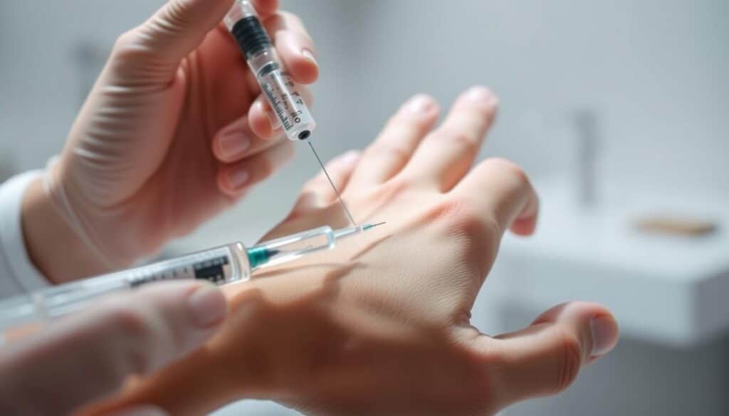 A close-up shot of a human hand receiving an injection for nail psoriasis treatment. The hand is positioned in the foreground, with the syringe and vial of medication visible. The background is slightly blurred, but suggests a clean, medical setting with minimal distractions. Soft, diffused lighting illuminates the scene, casting subtle shadows and highlights on the skin and medical equipment. The overall mood is clinical yet reassuring, conveying the professional and effective nature of this injectable therapy for managing psoriatic nail disease.