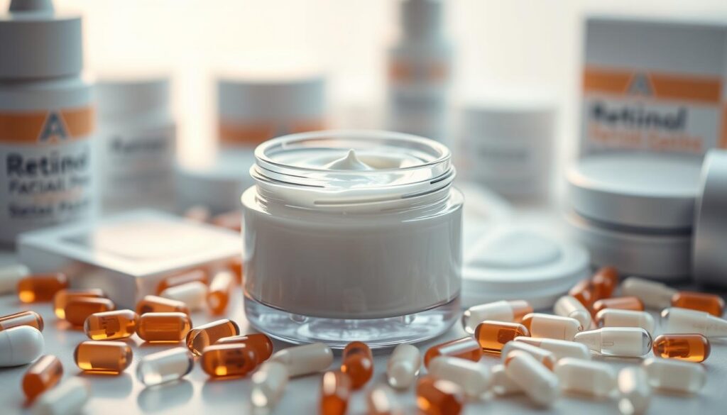 A close-up shot of a jar containing a creamy, pearlescent retinoid serum. The jar is surrounded by a scattered arrangement of vitamin A capsules, retinol facial pads, and other skin care products associated with retinoid-based treatments. The lighting is soft and diffused, casting a warm, soothing glow on the scene. The background is blurred, allowing the focus to remain on the retinoid products and their role in skin renewal. The overall mood is one of scientific, yet approachable, skincare innovation.
