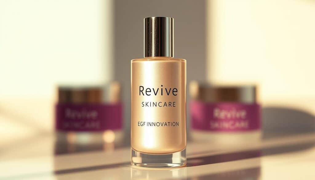 A close-up shot of a luxurious skincare product bottle, illuminated by soft, natural lighting. The bottle has a minimalist, elegant design with a pearlescent sheen, showcasing the "Revive Skincare EGF Innovation" branding. The background is clean and uncluttered, allowing the product to be the focal point. The lighting creates a warm, inviting atmosphere, highlighting the premium quality and attention to detail of the skincare line. The overall composition conveys a sense of sophistication and innovation, reflecting the innovative nature of the Revive Skincare brand.