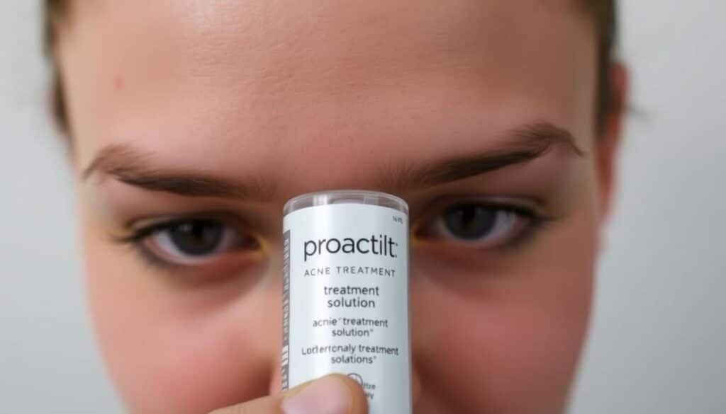 A close-up shot of a person's face, with a focused view on their forehead and cheeks. The skin is visibly blemished, with small red pimples and whiteheads. In the foreground, a hand is holding a bottle of Proactiv acne treatment solution, the label clearly visible. The background is blurred, creating a soft, hazy atmosphere that draws the viewer's attention to the skincare product. The lighting is soft and even, casting a gentle glow on the face and the bottle. The overall mood is one of understanding, as the image conveys the potential of Proactiv to address the common problem of acne.