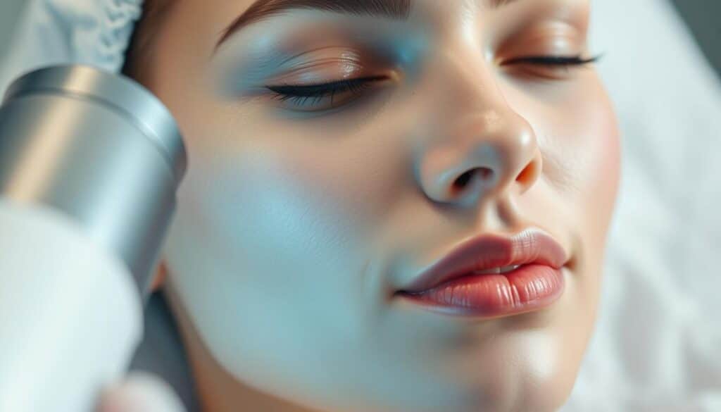 A close-up shot of a woman's face undergoing laser pigmentation treatment. The skin appears smooth and youthful, with a soft, even glow. The treatment area is illuminated by a focused beam of light, casting a gentle, clinical atmosphere. In the foreground, the laser device is visible, its sleek design and precise movements suggesting a state-of-the-art medical technology. The middle ground features the subject's serene expression, conveying a sense of comfort and trust in the procedure. The background is blurred, placing the emphasis on the targeted treatment and the delicate skin transformation.