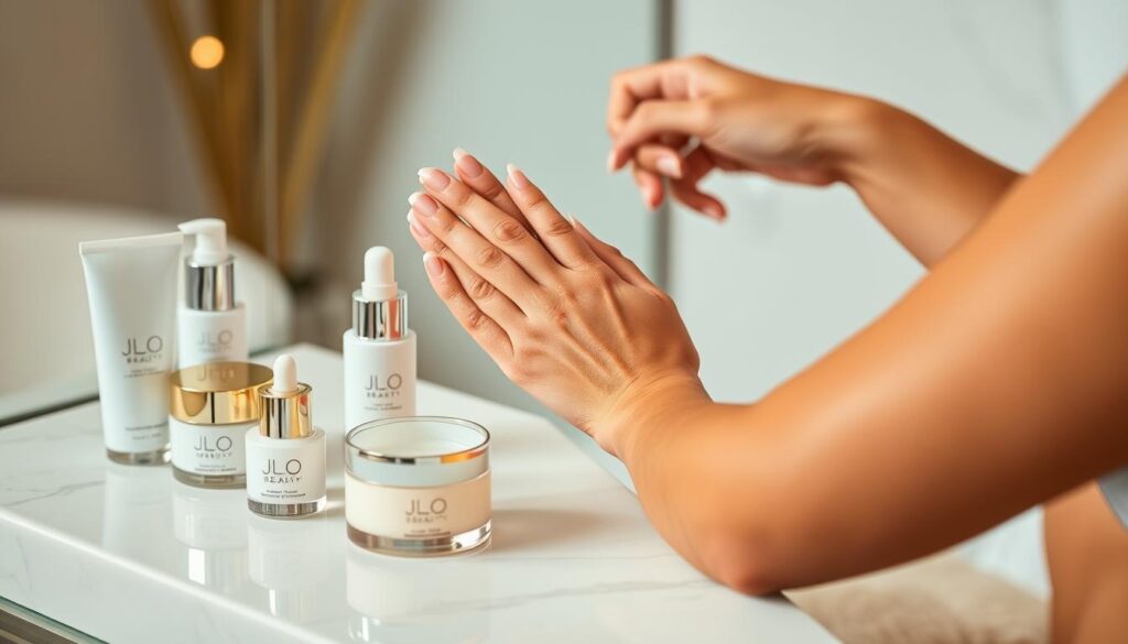 A close-up shot of a woman's hands delicately applying various skin care products from the JLo Beauty kit. The products are neatly arranged on a clean, minimalist surface, with soft, warm lighting illuminating the scene. The woman's movements are graceful and intentional, as she massages the products into her glowing, healthy-looking skin. The background is blurred, keeping the focus on the skincare routine. The overall atmosphere is serene, inviting the viewer to imagine themselves in a luxurious, spa-like setting, indulging in a transformative self-care ritual. A close-up shot of a woman's hands delicately applying various skin care products from the JLo Beauty kit. The products are neatly arranged on a clean, minimalist surface, with soft, warm lighting illuminating the scene. The woman's movements are graceful and intentional, as she massages the products into her glowing, healthy-looking skin. The background is blurred, keeping the focus on the skincare routine. The overall atmosphere is serene, inviting the viewer to imagine themselves in a luxurious, spa-like setting, indulging in a transformative self-care ritual.