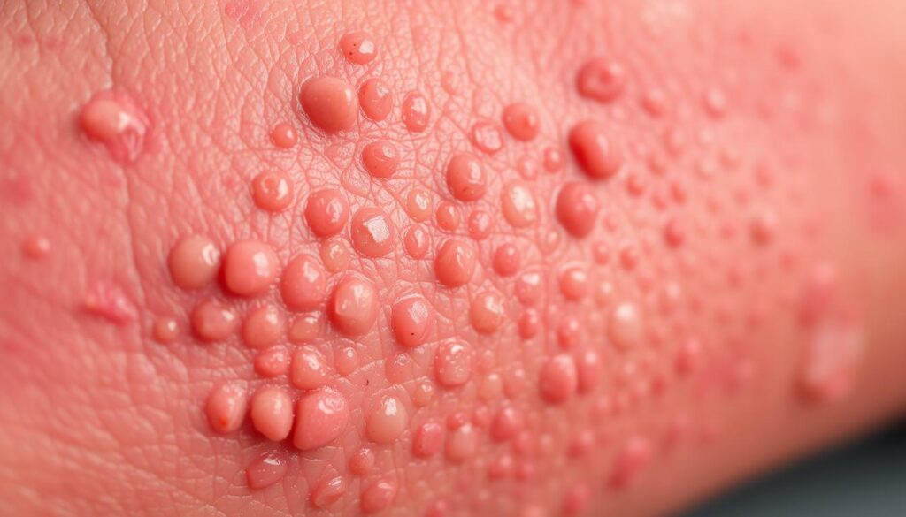 A close-up shot of inflamed, reddened skin with small, clustered, fluid-filled blisters and bumps characteristic of dermatitis herpetiformis. The skin appears irritated and painful, with a textured, pebbled surface. The lighting is soft and diffused, casting gentle shadows to accentuate the lesions. The background is blurred and out of focus, keeping the viewer's attention on the affected skin area. The image conveys the discomfort and distress associated with this autoimmune skin condition. A close-up shot of inflamed, reddened skin with small, clustered, fluid-filled blisters and bumps characteristic of dermatitis herpetiformis. The skin appears irritated and painful, with a textured, pebbled surface. The lighting is soft and diffused, casting gentle shadows to accentuate the lesions. The background is blurred and out of focus, keeping the viewer's attention on the affected skin area. The image conveys the discomfort and distress associated with this autoimmune skin condition.