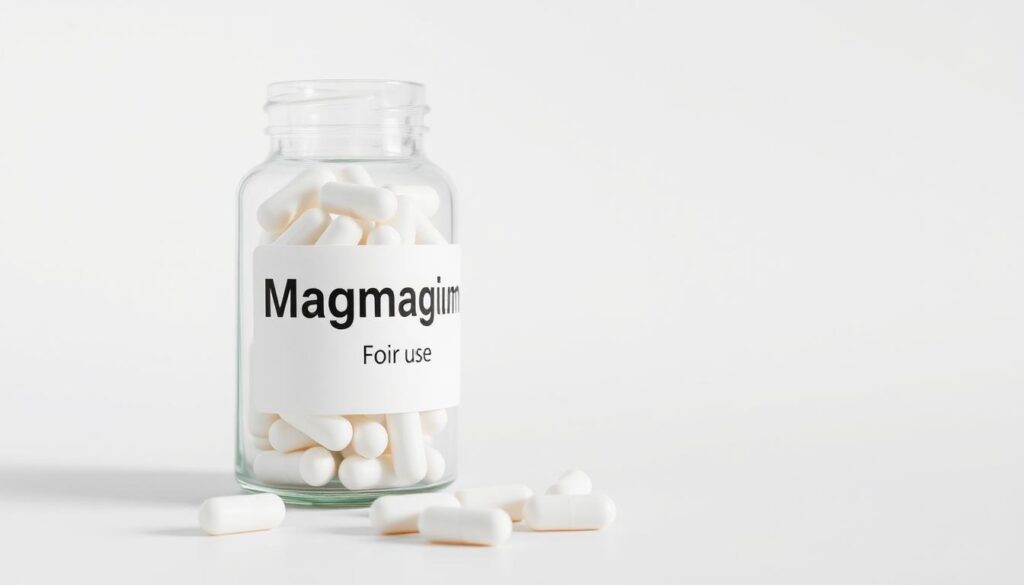 A close-up still life photograph of a glass bottle filled with white magnesium capsules against a plain white background. The bottle is well-lit from the side, casting soft shadows and highlighting the translucent capsules. The focus is sharp on the bottle's label, which clearly displays the text "Magnesium for Menstrual Pain". The overall tone is clean, minimalist, and clinical, conveying the medicinal purpose of the supplement.