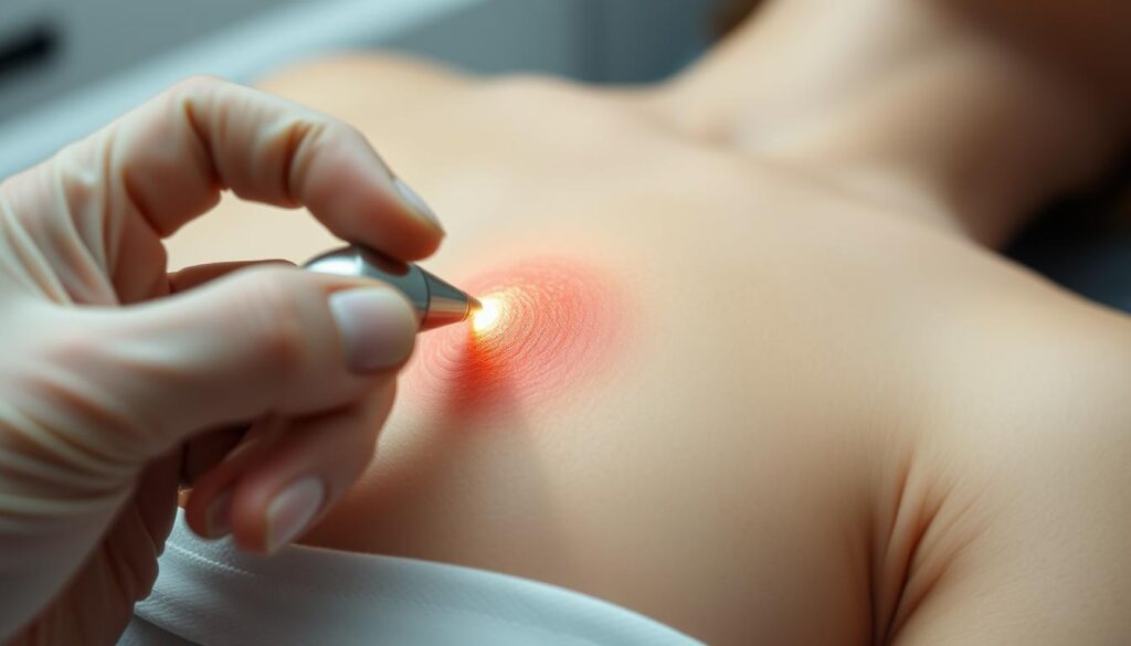 A close-up view of a CO2 laser scar treatment procedure. In the foreground, a steady hand holds a precision laser instrument, its beam carefully tracing the contours of a raised, discolored scar on the skin. The middle ground reveals the patient's skin, taut and responsive, as the laser's energy gently smooths and fades the imperfection. The background is blurred, keeping the focus on the delicate, meticulous work at hand. Soft, diffused lighting casts a soothing, clinical atmosphere, conveying the advanced, restorative nature of this specialized scar removal technique. A close-up view of a CO2 laser scar treatment procedure. In the foreground, a steady hand holds a precision laser instrument, its beam carefully tracing the contours of a raised, discolored scar on the skin. The middle ground reveals the patient's skin, taut and responsive, as the laser's energy gently smooths and fades the imperfection. The background is blurred, keeping the focus on the delicate, meticulous work at hand. Soft, diffused lighting casts a soothing, clinical atmosphere, conveying the advanced, restorative nature of this specialized scar removal technique.