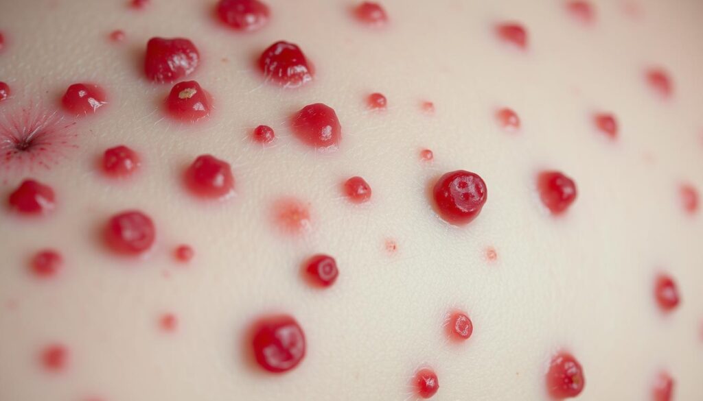 A close-up view of a chickenpox rash, capturing the distinctive red, itchy bumps and blisters scattered across pale skin. The lesions are in various stages of development, some newly emerged while others are drying and crusting over. The lighting is soft, slightly diffused, highlighting the textured, inflamed skin. The focus is sharp, allowing the viewer to discern the intricate details of the rash, from the small clusters of vesicles to the subtle variations in color and size. The overall mood is clinical yet empathetic, conveying the discomfort and visual characteristics of this common viral infection.