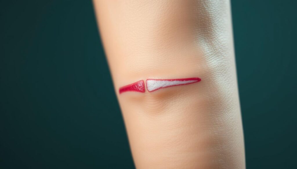 A close-up view of a circumcised penis, showcasing the different stages of scar development. The foreground features the penile shaft, with the circumcision scar prominently displayed. The scar appears as a thin, slightly raised line, ranging from fresh pink to faded white, depending on the stage of healing. The middle ground captures the glans penis, with the corona glandis clearly visible. The background is blurred, maintaining focus on the scar. Soft, directional lighting illuminates the subject, casting subtle shadows that accentuate the scar's texture and depth. The overall mood is clinical yet informative, allowing for a detailed examination of the circumcision scar's appearance. A close-up view of a circumcised penis, showcasing the different stages of scar development. The foreground features the penile shaft, with the circumcision scar prominently displayed. The scar appears as a thin, slightly raised line, ranging from fresh pink to faded white, depending on the stage of healing. The middle ground captures the glans penis, with the corona glandis clearly visible. The background is blurred, maintaining focus on the scar. Soft, directional lighting illuminates the subject, casting subtle shadows that accentuate the scar's texture and depth. The overall mood is clinical yet informative, allowing for a detailed examination of the circumcision scar's appearance.