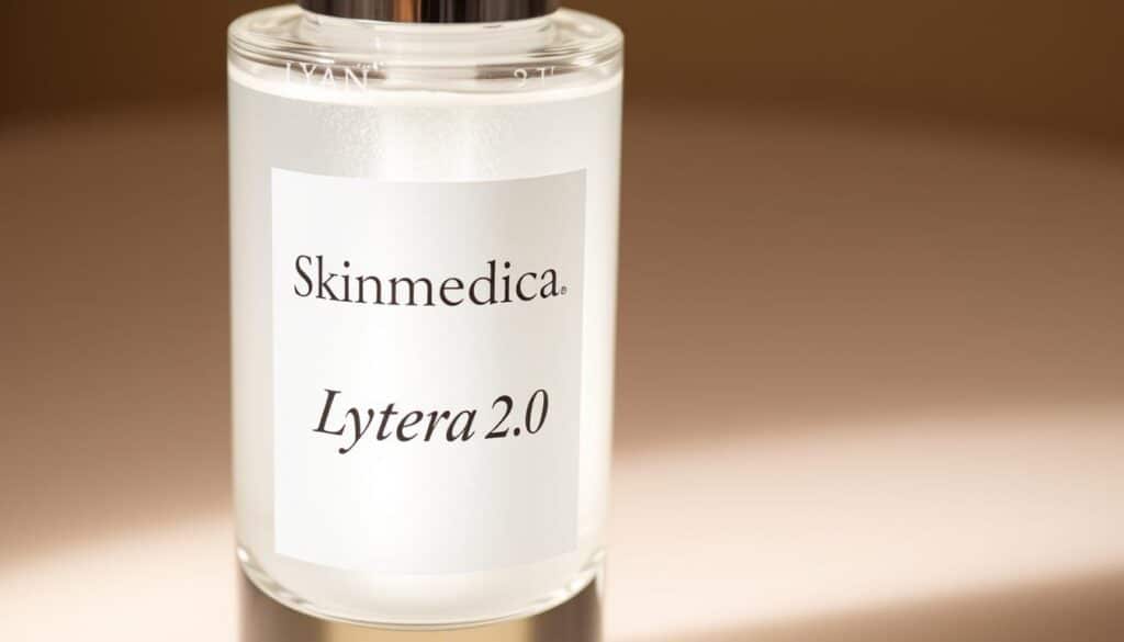 A close-up view of a glass bottle filled with a luminous, pearlescent liquid serum. The bottle has a sleek, minimalist design with a clean white label featuring the brand name "Skinmedica Lytera 2.0" in elegant typography. The lighting is soft and diffused, creating a warm, inviting atmosphere that highlights the translucent, silky texture of the serum. The background is blurred, placing the focus entirely on the bottle and its contents, evoking a sense of clinical precision and efficacy. The overall composition conveys a sense of high-quality, dermatologist-grade skincare product designed to visibly brighten and even out the skin's tone and texture.