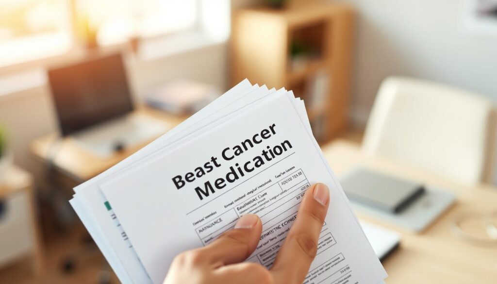 A close-up view of a hand holding a stack of medical bills and insurance documents, with the words "Breast Cancer Medication" prominently displayed. The background is a soft, blurred office setting, conveying a sense of administrative complexity and the need for coverage. The lighting is warm and natural, creating a sense of reassurance. The composition is balanced, with the hand and documents occupying the foreground, and the background providing context. The overall mood is one of concern, but also of hope and the potential for financial support.