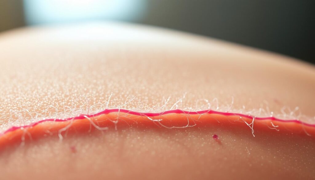 A close-up view of a healing scar, showcasing the intricate processes that contribute to its appearance. In the foreground, delicate strands of new collagen fibers weave together, forming a smooth, pinkish surface. The middle ground reveals the underlying tissue's gradual restoration, with capillaries and skin cells visibly repairing the damaged area. In the background, a soft, diffused light illuminates the scene, casting a warm, natural glow that enhances the organic textures. The overall composition conveys the dynamic and resilient nature of the body's remarkable healing mechanisms. A close-up view of a healing scar, showcasing the intricate processes that contribute to its appearance. In the foreground, delicate strands of new collagen fibers weave together, forming a smooth, pinkish surface. The middle ground reveals the underlying tissue's gradual restoration, with capillaries and skin cells visibly repairing the damaged area. In the background, a soft, diffused light illuminates the scene, casting a warm, natural glow that enhances the organic textures. The overall composition conveys the dynamic and resilient nature of the body's remarkable healing mechanisms.