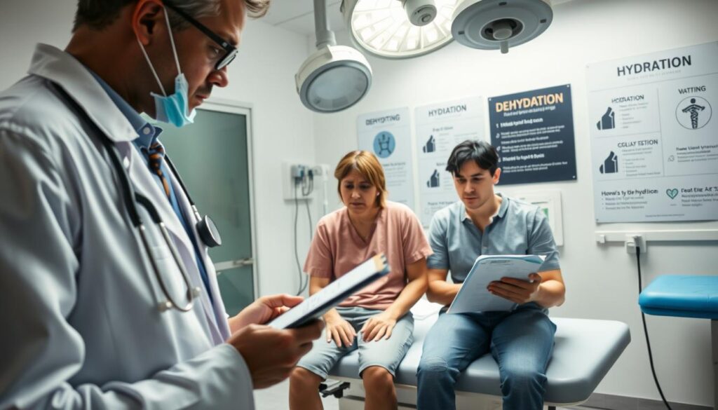 A close-up view of a healthcare professional in a modern clinic, looking concerned while examining a patient showing symptoms of dehydration due to vomiting. The foreground features the professional in a white lab coat, utilizing a stethoscope and looking intently at a clipboard, with vital signs clearly mentioned. In the middle, a worried patient in modest casual clothing sits on an examination table, showing visible signs of distress—dry lips and sunken eyes—implied dehydration. The background showcases surgical equipment and medical posters discussing hydration and warning signs. Bright, clinical lighting enhances the urgency, while the angle captures the emotional weight of the moment. The overall mood is serious, emphasizing the critical need for immediate medical care. A close-up view of a healthcare professional in a modern clinic, looking concerned while examining a patient showing symptoms of dehydration due to vomiting. The foreground features the professional in a white lab coat, utilizing a stethoscope and looking intently at a clipboard, with vital signs clearly mentioned. In the middle, a worried patient in modest casual clothing sits on an examination table, showing visible signs of distress—dry lips and sunken eyes—implied dehydration. The background showcases surgical equipment and medical posters discussing hydration and warning signs. Bright, clinical lighting enhances the urgency, while the angle captures the emotional weight of the moment. The overall mood is serious, emphasizing the critical need for immediate medical care.