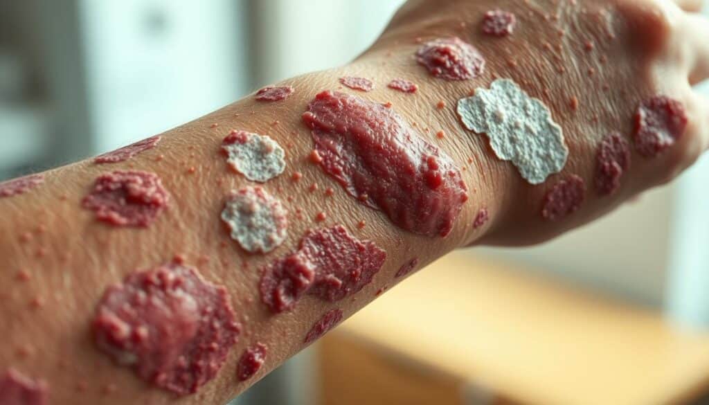 A close-up view of a human arm, with clearly visible patches of scaly, red, and inflamed skin characteristic of psoriasis symptoms. The skin appears rough and irritated, with visible scaling and silvery-white plaques. The lighting is soft and diffused, highlighting the uneven texture and discoloration of the affected areas. The background is blurred and out of focus, keeping the viewer's attention on the detailed, high-resolution depiction of the psoriatic skin. The overall mood is clinical yet visually striking, conveying the severity and distinctive appearance of this autoimmune condition.