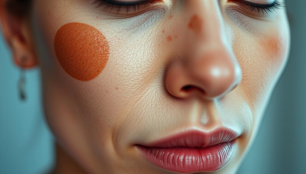 A close-up view of a human face, prominently displaying the visible signs of melasma skin condition. The discolored patches or blotchy areas on the cheeks, forehead, and upper lip are clearly visible, with a range of hyperpigmentation from light to dark brown tones. The skin appears uneven and has a mottled appearance. The lighting is soft and diffuse, creating a subtle, documentary-style feel. The focus is sharp, capturing the textural details of the skin. The overall mood is one of clinical observation, highlighting the common visual characteristics of this prevalent skin disorder.