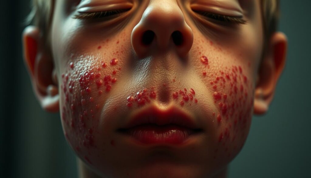 A close-up view of a human face, skin covered in a rash of red, raised bumps, the telltale sign of measles complications. The forehead, cheeks, and chin are prominently featured, illuminated by warm, diffused lighting, casting soft shadows across the uneven texture of the inflamed skin. The background is blurred, hazy, and indistinct, allowing the viewer to focus solely on the unsettling details of the measles rash. The overall mood is somber, emphasizing the severity and potential dangers of this viral infection, conveying the importance of prevention and timely medical attention.