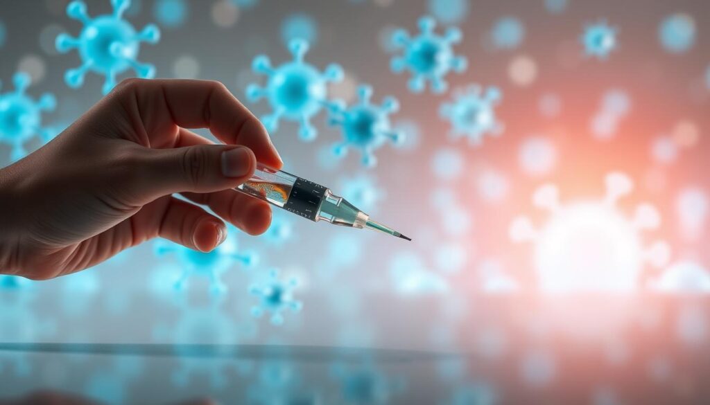 A close-up view of a human hand holding a syringe filled with a transparent liquid against a backdrop of glowing blue and white spheres, symbolizing antibodies and immunization protection. The syringe is positioned in the foreground, casting a soft shadow on a smooth, reflective surface. The middle ground features a cluster of microscopic, detailed antibody structures in various shades of blue, creating a sense of depth and layering. The background is a hazy, luminescent expanse of subtly pulsating, interconnected spheres, conveying the concept of a robust, dynamic immune system. The overall mood is one of precision, science, and the empowering role of immunization in safeguarding health.