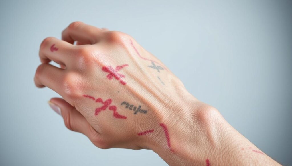 A close-up view of a human hand with visible signs of scleroderma, such as thickened, hardened skin and tightened joints. The skin has a mottled, discolored appearance, with areas of redness, hyperpigmentation, and shiny, taut texture. The hand is positioned against a plain, neutral background to focus attention on the medical details. Soft, even lighting illuminates the details of the skin and joints, captured with a sharp, high-resolution lens to convey the clinical nature of the image. The overall mood is somber and thoughtful, reflecting the gravity of a scleroderma diagnosis. A close-up view of a human hand with visible signs of scleroderma, such as thickened, hardened skin and tightened joints. The skin has a mottled, discolored appearance, with areas of redness, hyperpigmentation, and shiny, taut texture. The hand is positioned against a plain, neutral background to focus attention on the medical details. Soft, even lighting illuminates the details of the skin and joints, captured with a sharp, high-resolution lens to convey the clinical nature of the image. The overall mood is somber and thoughtful, reflecting the gravity of a scleroderma diagnosis.