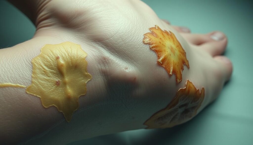 A close-up view of a human leg, showing the skin affected by necrobiosis lipoidica. The skin appears thickened, discolored, and atrophied, with distinct yellowish-brown or reddish-brown plaques or patches. The surface has a shiny, waxy appearance, with some areas of central depression or scarring. The lighting is soft and diffused, creating a somber, clinical atmosphere. The camera angle is slightly elevated, providing a detailed, almost surgical perspective on the affected skin area. The background is blurred and neutral, allowing the focus to remain on the detailed pathological features of the condition.