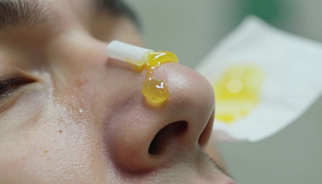 A close-up view of a human nose displaying yellow nasal discharge, highlighting the symptoms of allergies. In the foreground, focus on the texture of the skin around the nostrils with realistic details, such as pores and fine hair. The middle ground features a tissue or handkerchief stained with yellow mucus, emphasizing the impact of sinusitis. The background is softly blurred with subtle hints of greenery, signifying common allergens like pollen. The lighting is bright and clinical, reminiscent of a doctor's office, with a slight warmth to create an empathetic mood. Capture this from a slightly elevated angle to enhance the visibility of the nasal discharge, ensuring a professional and educational tone. A close-up view of a human nose displaying yellow nasal discharge, highlighting the symptoms of allergies. In the foreground, focus on the texture of the skin around the nostrils with realistic details, such as pores and fine hair. The middle ground features a tissue or handkerchief stained with yellow mucus, emphasizing the impact of sinusitis. The background is softly blurred with subtle hints of greenery, signifying common allergens like pollen. The lighting is bright and clinical, reminiscent of a doctor's office, with a slight warmth to create an empathetic mood. Capture this from a slightly elevated angle to enhance the visibility of the nasal discharge, ensuring a professional and educational tone.