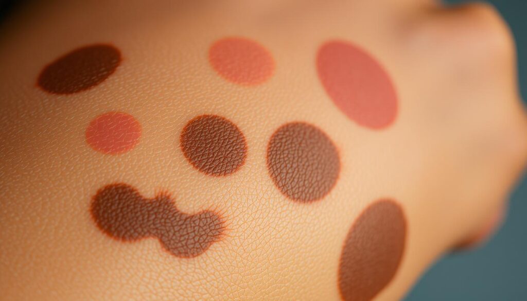 A close-up view of a human skin with prominent hyperpigmentation, showcasing an uneven distribution of melanin. The foreground depicts the textured, discolored skin with a mix of dark brown, reddish-brown, and light brown patches. The middle ground highlights the irregular borders and varied shapes of the hyperpigmented areas. The background is blurred, allowing the viewer to focus on the intricate details of the skin condition. The lighting is soft and diffused, creating a natural, realistic appearance. The overall mood is one of clinical observation, emphasizing the need for understanding and addressing this common skin concern.