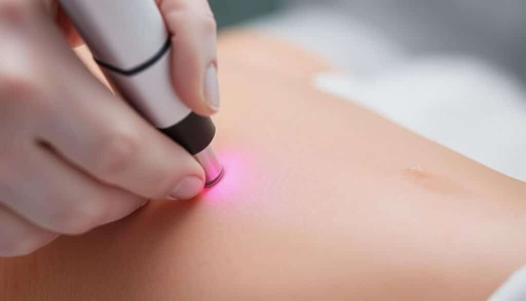 A close-up view of a laser hair removal procedure, showing a dermatologist's hand holding a laser device gently gliding over a patient's skin. The skin appears smooth and radiant, with no visible hair. Soft, diffused lighting illuminates the scene, creating a calming and professional atmosphere. The background is blurred, keeping the focus on the precise, delicate hand movements and the patient's relaxed expression. Technical details like the laser's wavelength and power settings could be subtly incorporated to convey the advanced nature of the treatment.