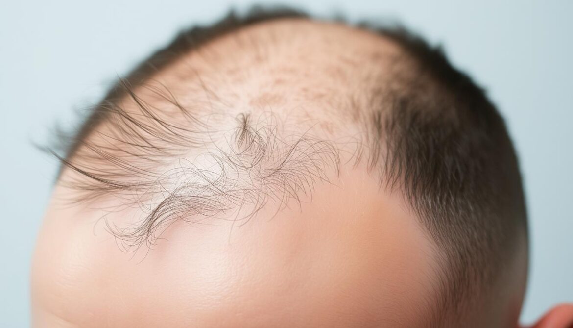 A close-up view of a male scalp exhibiting signs of androgenetic alopecia, or male pattern baldness. The receding hairline and thinning crown reveal patches of exposed skin, with a gradual transition from dense hair to sparse, wispy strands. The lighting is soft and diffused, accentuating the textural contrast between the smooth skin and the remaining hair. The focus is sharp, allowing for meticulous detail in the individual follicles and the diffuse pattern of hair loss. The overall mood is one of clinical observation, capturing the symptomatic characteristics of this common type of hair loss.