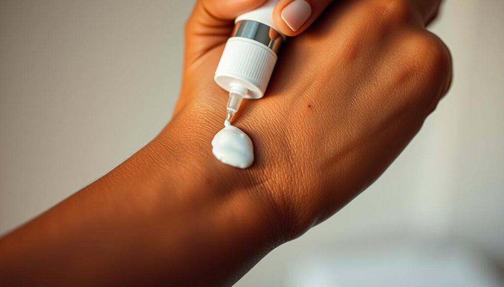 A close-up view of a person's hand applying a skin care serum or cream to their darker complexioned forearm, highlighting the uneven skin tone and pigmentation issues. The treatment is being gently massaged into the skin, with a soft, warm lighting illuminating the scene. The background is blurred, creating a sense of focus on the treatment process. The overall mood is one of care, attention, and a desire to address the skin concerns effectively for this particular skin tone. A close-up view of a person's hand applying a skin care serum or cream to their darker complexioned forearm, highlighting the uneven skin tone and pigmentation issues. The treatment is being gently massaged into the skin, with a soft, warm lighting illuminating the scene. The background is blurred, creating a sense of focus on the treatment process. The overall mood is one of care, attention, and a desire to address the skin concerns effectively for this particular skin tone.