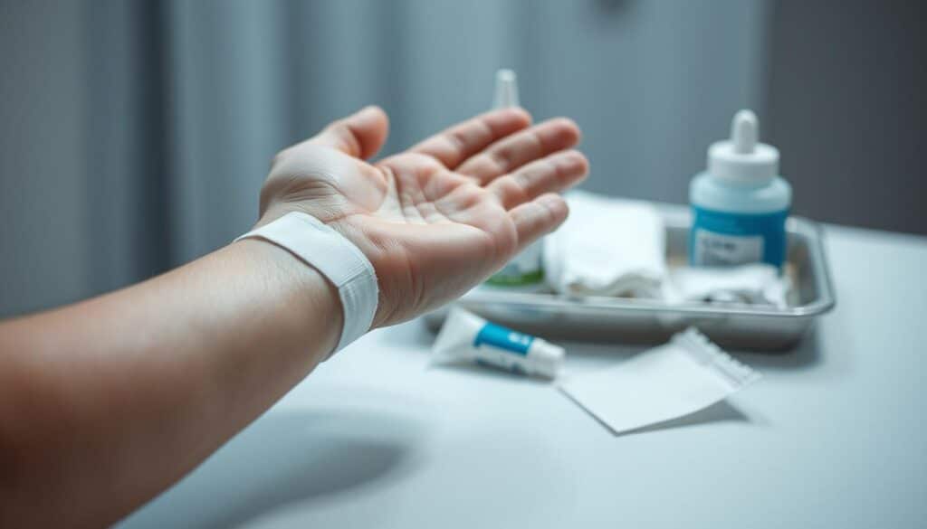 A close-up view of a person's hand gently applying a medical bandage to a delicate, blistered skin on the forearm. The lighting is soft and diffused, highlighting the tender care and attention needed for this fragile condition. In the middle ground, a tray of ointments, gauzes, and other wound care supplies rests on a clean, clinical surface. The background is blurred, creating a sense of focus on the central medical procedure. The mood is one of empathy, professionalism, and the specialized expertise required to manage the unique challenges of Epidermolysis Bullosa.