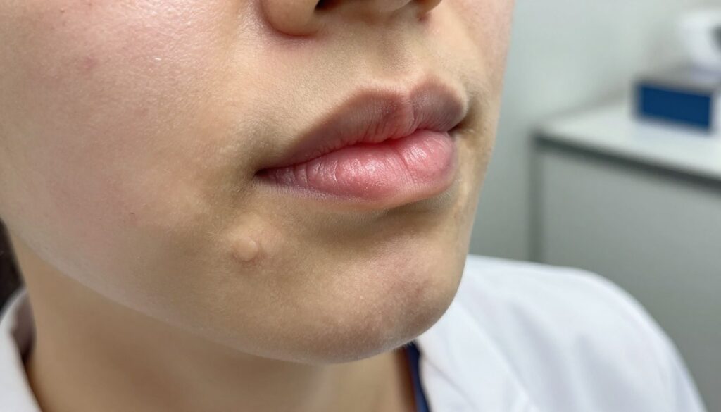 A close-up view of a person’s lips exhibiting white pimples, showcasing the texture and appearance of the skin. The lips, slightly parted, display prominent white cysts against a natural skin tone, with soft, even lighting that highlights the details. The subject is wearing a professional white blouse, ensuring a clean and modest presentation. The background is a softly blurred clinical setting, perhaps a medical office, suggesting a diagnostic environment without distracting details. The focus is on conveying a sense of clarity and seriousness, ideal for educational purposes about diagnosis. The angle is slightly tilted to provide depth, capturing the lips and part of the chin, emphasizing the importance of recognizing this condition.