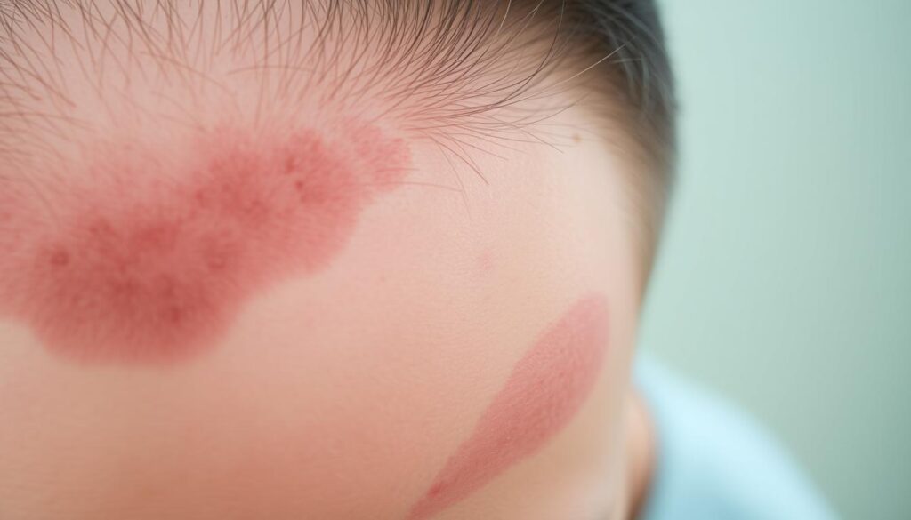 A close-up view of a person's scalp, capturing the characteristic patches of hair loss associated with alopecia areata. The skin appears slightly inflamed, with a faint reddish hue and subtle textural changes. The lighting is soft and diffused, casting gentle shadows that accentuate the affected areas. The focus is sharp, drawing the viewer's attention to the details of the condition, while the background is pleasantly blurred, maintaining the subject as the central point of interest. The overall mood is one of clinical observation, conveying a sense of understanding and empathy for the medical condition.