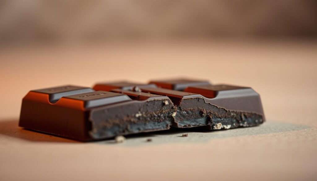 A close-up view of a rich, dark chocolate bar being broken apart, revealing its smooth, glossy interior. The chocolate is illuminated by warm, directional lighting, casting soft shadows and highlights that accentuate its velvety texture. In the background, a blurred, neutral backdrop provides a clean, minimalist setting, allowing the chocolate to be the sole focus. The overall mood is calming, sophisticated, and evocative, suggesting the potential health benefits of dark chocolate for addressing erectile dysfunction.