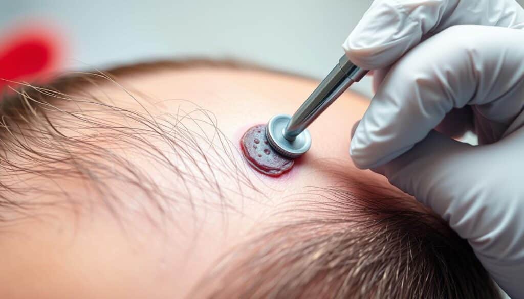 A close-up view of a scalp biopsy procedure for diagnosing pattern hair loss. The image depicts a dermatologist's gloved hand holding a small circular punch tool as it carefully extracts a small section of skin and hair follicles from the patient's scalp. The lighting is clean and well-lit, emphasizing the intricate details of the skin and hair. The background is blurred, keeping the focus on the medically precise nature of the diagnostic process. The overall mood is one of clinical examination, conveying the importance of this step in accurately assessing and treating androgenetic alopecia. A close-up view of a scalp biopsy procedure for diagnosing pattern hair loss. The image depicts a dermatologist's gloved hand holding a small circular punch tool as it carefully extracts a small section of skin and hair follicles from the patient's scalp. The lighting is clean and well-lit, emphasizing the intricate details of the skin and hair. The background is blurred, keeping the focus on the medically precise nature of the diagnostic process. The overall mood is one of clinical examination, conveying the importance of this step in accurately assessing and treating androgenetic alopecia.