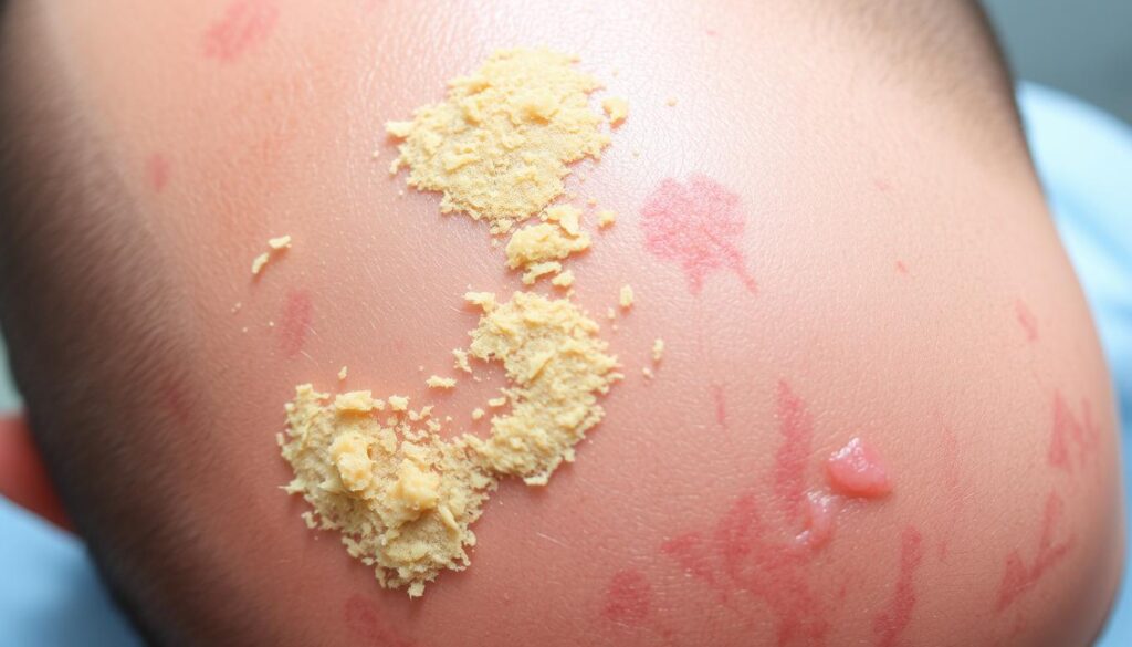 A close-up view of a scalp with visible flaky, yellowish-white patches and reddish, inflamed skin, depicting the characteristic signs of seborrheic dermatitis. The skin has a slightly oily, greasy appearance, highlighting the excessive sebum production associated with this condition. The lighting is soft and even, accentuating the textural details of the affected areas. The focus is crisp, allowing for a detailed examination of the skin's appearance, while the background is blurred, keeping the attention on the primary subject. The overall mood is clinical and objective, conveying a sense of medical observation and analysis.