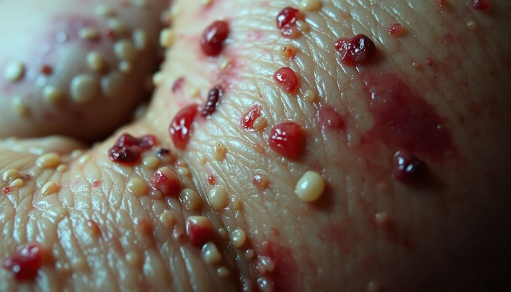 A close-up view of a severe skin infection, with vivid details of swollen, reddened skin, oozing blisters, and a mottled, discolored appearance. The texture should be gritty and uneven, conveying the painful, inflamed nature of the condition. The lighting should be harsh and unforgiving, casting stark shadows to highlight the textural irregularities. The angle should be slightly tilted, creating a sense of unsettling proximity and urgency. The overall mood should be one of discomfort and medical concern, reflecting the seriousness of the underlying condition.