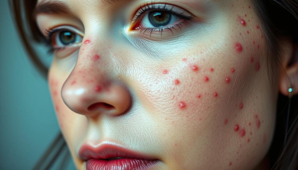 A close-up view of a woman's face, illuminated by soft, diffused lighting that enhances the textural details of her skin. The focus is on the forehead, nose, and cheeks, where hormonal acne has manifested as inflamed, reddish-colored blemishes of varying sizes, some with visible whiteheads or blackheads. The skin appears slightly shiny, suggesting an excess of sebum production. The woman's expression conveys a sense of self-consciousness and concern about her skin condition. The background is blurred and minimalist, allowing the viewer to concentrate on the intricate details of the acne-affected facial features. A close-up view of a woman's face, illuminated by soft, diffused lighting that enhances the textural details of her skin. The focus is on the forehead, nose, and cheeks, where hormonal acne has manifested as inflamed, reddish-colored blemishes of varying sizes, some with visible whiteheads or blackheads. The skin appears slightly shiny, suggesting an excess of sebum production. The woman's expression conveys a sense of self-consciousness and concern about her skin condition. The background is blurred and minimalist, allowing the viewer to concentrate on the intricate details of the acne-affected facial features.