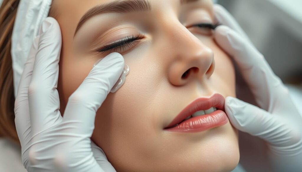 A close-up view of a woman's face undergoing a chemical peel treatment. The skin is gently being exfoliated, with a specialized solution being applied across the forehead, cheeks, and chin. The treatment process is captured in a sterile, well-lit medical setting, with the practitioner's gloved hands visible in the foreground, delicately massaging the solution into the skin. The face displays a calm, focused expression as the procedure progresses, hinting at the rejuvenating effects to come. The background is blurred, drawing the viewer's attention to the intricate details of the chemical peel process itself.