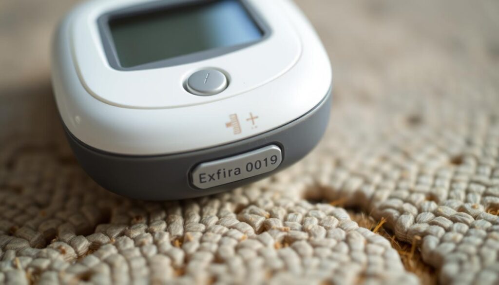 A close-up view of an Omnipod DASH insulin pump on a textured surface, with the expiration date prominently displayed. The device is slightly worn, hinting at its post-expiration usage. The image is captured with soft, natural lighting, emphasizing the pump's details and the passage of time. The background is slightly blurred, keeping the focus on the Omnipod and its expiration status. The overall mood is one of curiosity and a desire to understand the device's extended lifespan beyond the recommended date.