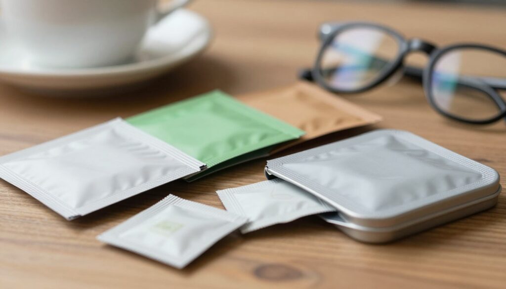 A close-up view of an assortment of nicotine pouches displayed on a wooden table, showcasing their different colors and textures, such as white, green, and brown pouches. In the foreground, a sleek, modern tin of nicotine pouches is partially open, with a few pouches slightly scattered around. In the middle background, a blurred coffee cup and a pair of stylish eyeglasses hint at a relaxed, modern lifestyle. The lighting is soft and natural, creating a warm atmosphere, and the composition uses a shallow depth of field to emphasize the pouches while gently blurring the background. The overall mood is calm and inviting, suitable for conveying a smoke-free alternative.