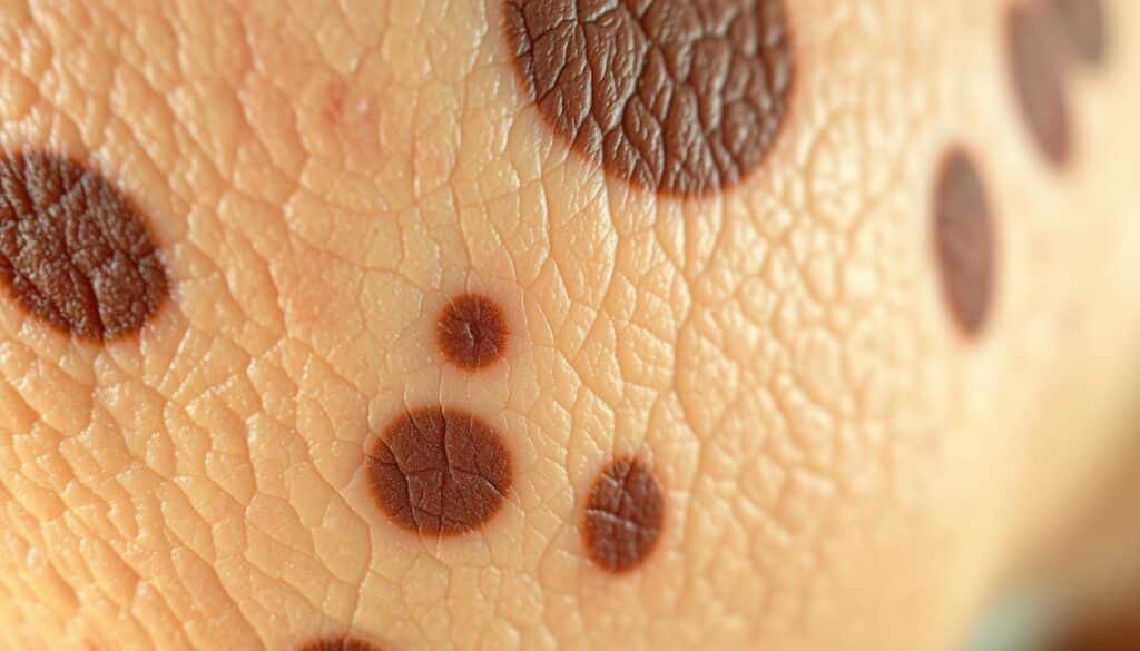 A close-up view of discolored skin affected by diverse hyperpigmentation conditions. The foreground depicts a detailed, high-resolution texture of mottled, uneven skin tones ranging from light to dark patches, capturing the irregular patterns and blotchy appearance characteristic of hyperpigmentation. The middle ground shows the affected area in sharp focus, with subtle variations in hue and saturation conveying the depth and layered nature of the skin's discoloration. The background is slightly blurred, creating a sense of depth and drawing the viewer's attention to the central subject. Soft, diffused lighting from an oblique angle subtly accentuates the dimensional qualities of the skin's surface, enhancing the realism and visual impact of the image.